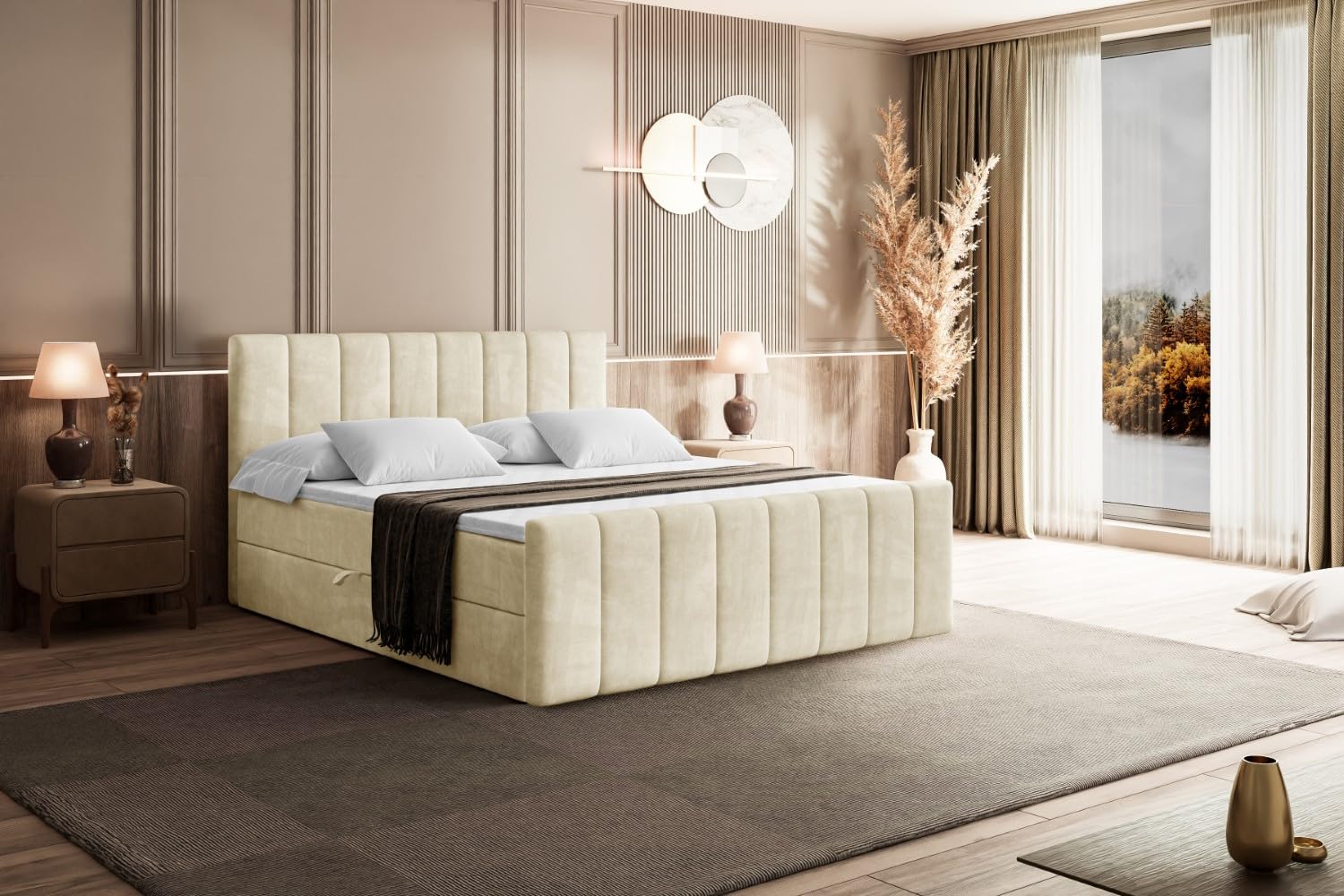 ALTDECOR Boxspringbett mit Matratze und Lattenrost, Boxbett, Topper, Fußteil, Polsterbett mit Bettkasten, Bett mit Stauraum H3-Matratze, Springboxbett - OTTA-Z - 200x200 - Beige Monolith 04