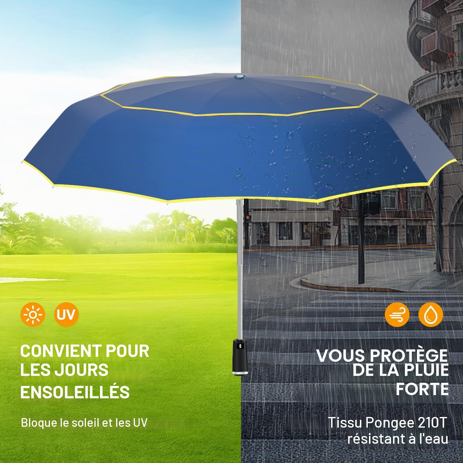 Satol Parapluie de Golf - Ouverture Automatique 10 Rayons, Double Toile, Protection UV, 54 Pouces Pliable Compact Paraplui avec Bandes Réfléchissantes, Convient à 2-4 Personnes (Bleu)