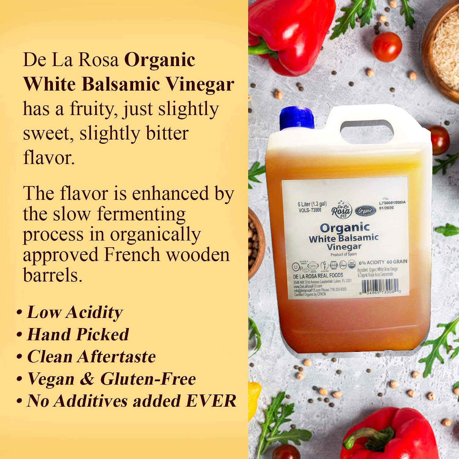 De La Rosa Organic White Balsamic Vinegar, Vegan, Kosher, Non-GMO & Gluten Free, Great for Salad Dressings, Marinades & More 5 Liter (Pack of 1)