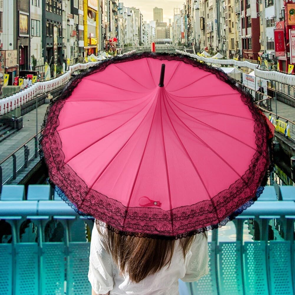 Katutude Lace Parasol Umbrella Vintage J Stick Umbrella 16 Ribs Strong Windproof Rainproof UV Protection Walking Stick Umbrella Princess Umbrella for Women Girls Tea Party Wedding Party Use
