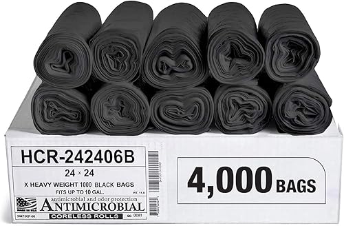 Aluf Plastics Bolsas de basura de alta densidad, 10 galones, 4000 unidades, 6 micras (eq), 24 x 24 pulgadas, negras, para baño, oficina, industrial,
