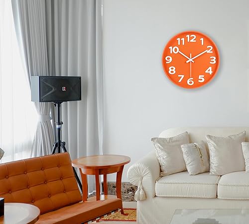 Miniatura 4 de 45MinST Reloj de pared moderno de 12 pulgadas para interiores y exteriores, diseño naranja minimalista, silencioso, sin tictac, números grandes,