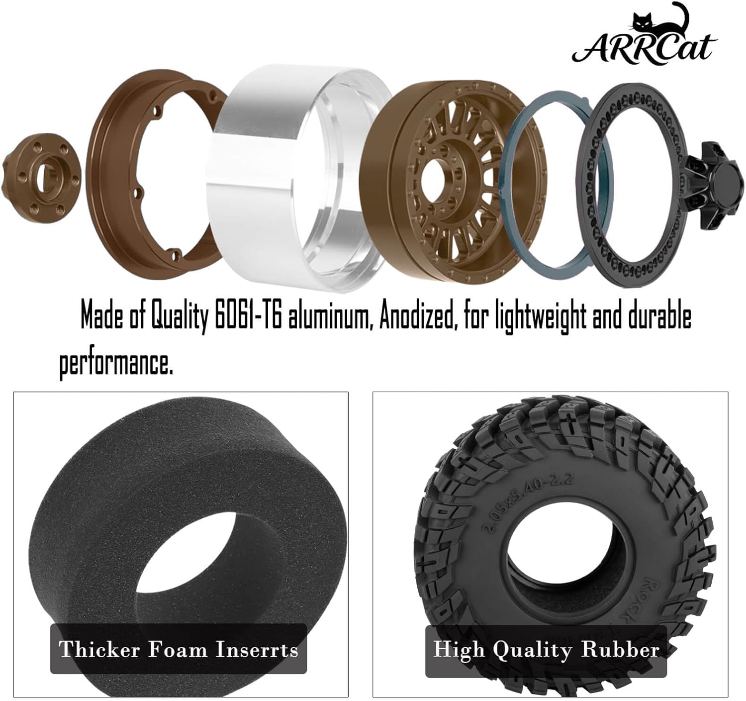 Alloy 2.2 Wheel Tires for 1/10 TRX4 TRX6 SCX10 SCX10 II SCX10 III SCX10 Pro Gen7/8 D90 VS4-10 MST CFX RC Crawler Car,RC 2.2 Beadlock Wheel Off Road Buggy Rally RC Truck Tires,Bronze
