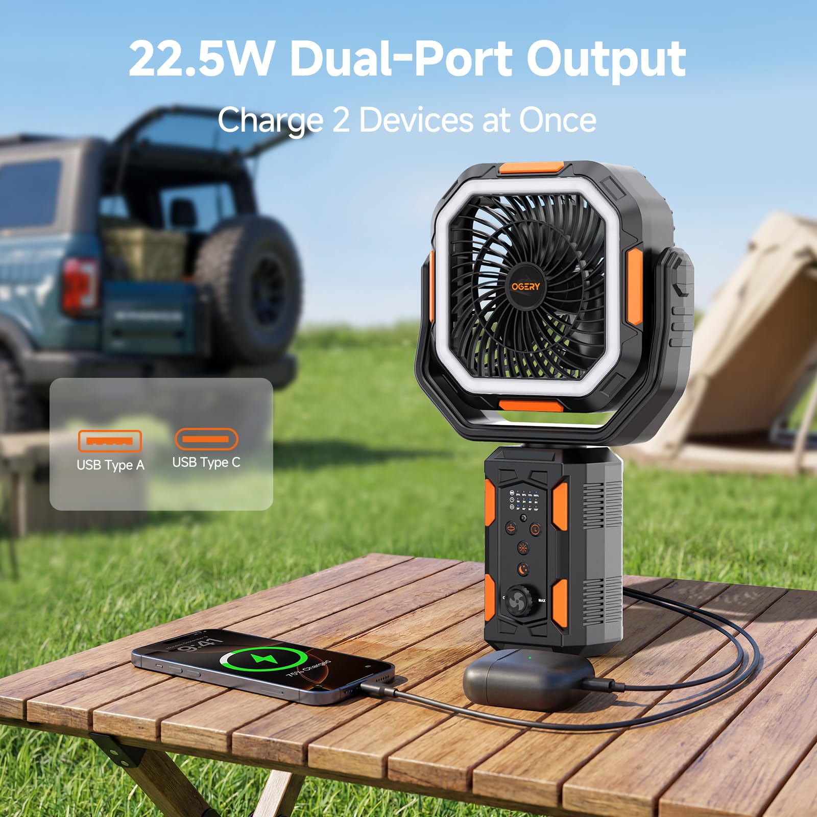 OGERY F21 Ventilatore da campeggio con supporto, ventilatore da terra alimentato a batteria ricaricabile da 20000 mAh, lanterna a LED per interruzioni di corrente, vento forte, ricarica rapida per