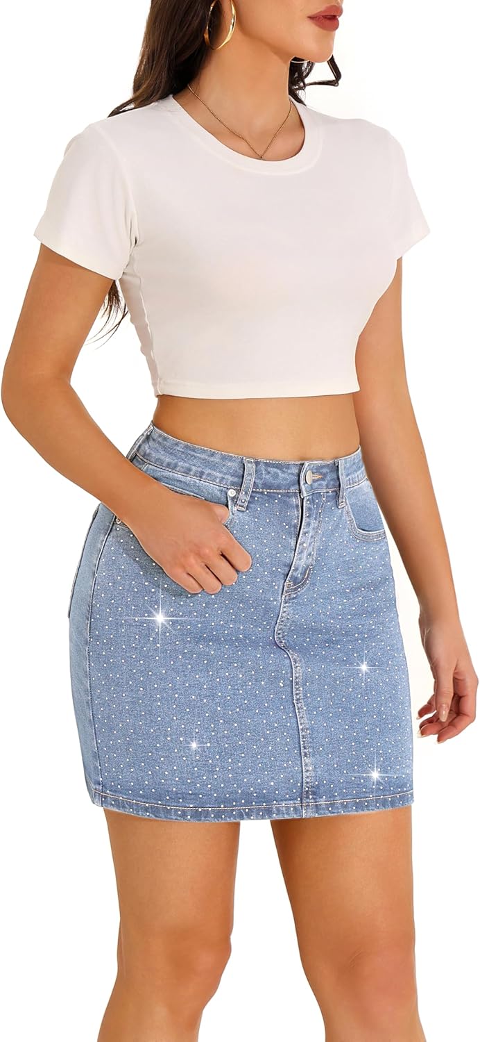 GUANYY Jean Skirts for Women Denim Sparkle Rhinestone Diamond High Waisted Stretch Mini Skirt - Image 8