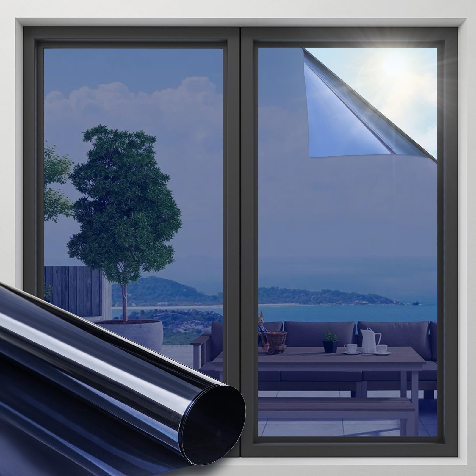 OFHome Privacy film for Glass Window, UV Reflective Anti Glare Mirror Tinted for Home and Office, Heat Control Sun Blocker Self-Adhesive Door Windows Tinting Sticker, Blue Silver, 60x200cm