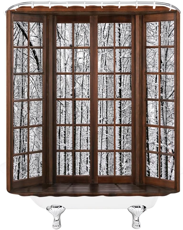 Winter Snow Scene Shower Curtain Extra Long,Forest Snowflake Wooden Window Natural Christmas Landscape Bathroom Decor Curtain with Hooks,