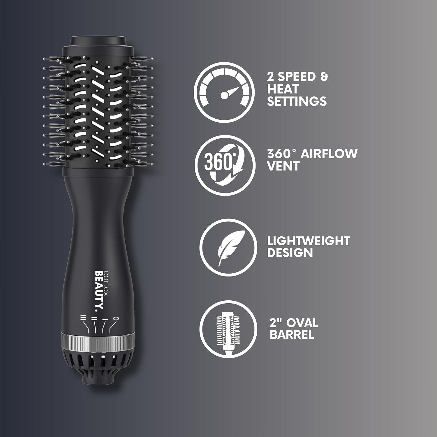 Cortex Beauty Mini Blowout Brush – Compact Hot Air Brush for Voluminous Hair – Lightweight Blow Dryer Brush with 360° Airflow, Oval Barrel & Multiple Heat Settings for Salon-Quality Styling - (Black)