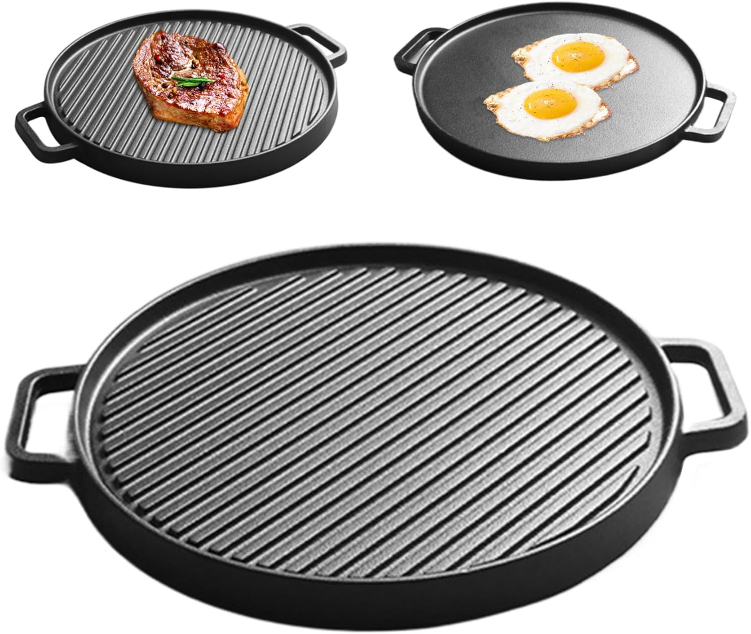 Cast Iron Griddle Pan 11.8 Dia Dual-Sided Non-Stick Grill Pan Coating Free Bbq Griddle Plate with Handles for Induction Gas Halogen Stoves