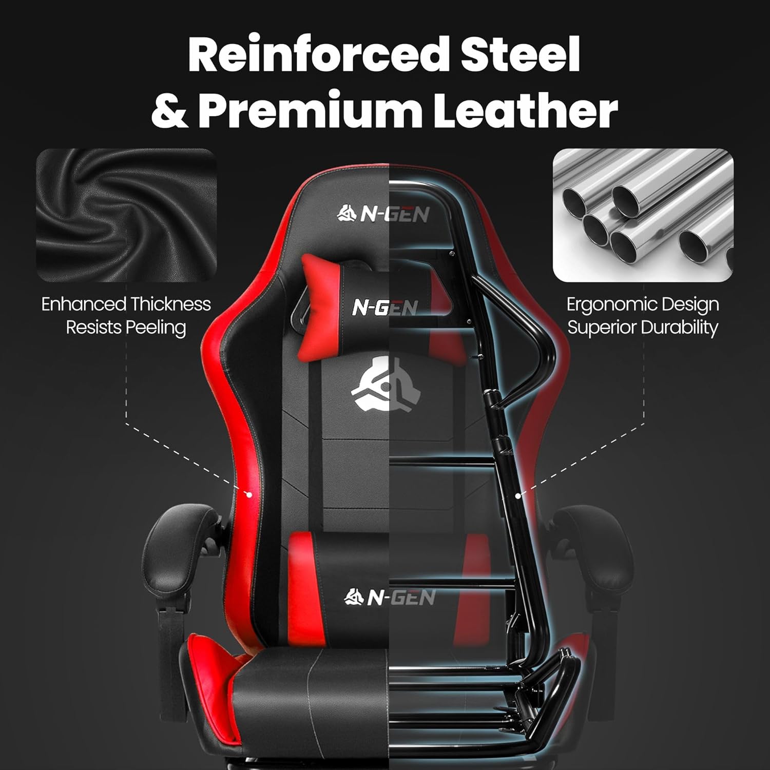 N-GEN GAMING Video Gaming Chair with Footrest Lumbar Support for Home Office High Back Recliner Height Adjustable Ergonomic Comfy Leather Computer Desk Chair (Red) - Image 8