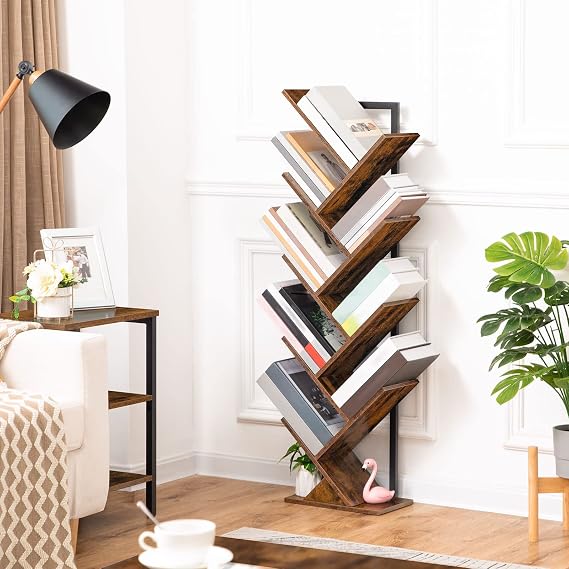 HOOBRO Tree Bookshelf Tall, 9-Tier Floor Standing Book Shelf, Tall Bookcase for CDs Albums, for Living Room, Rustic Brown and Black EBF08SJ01G1