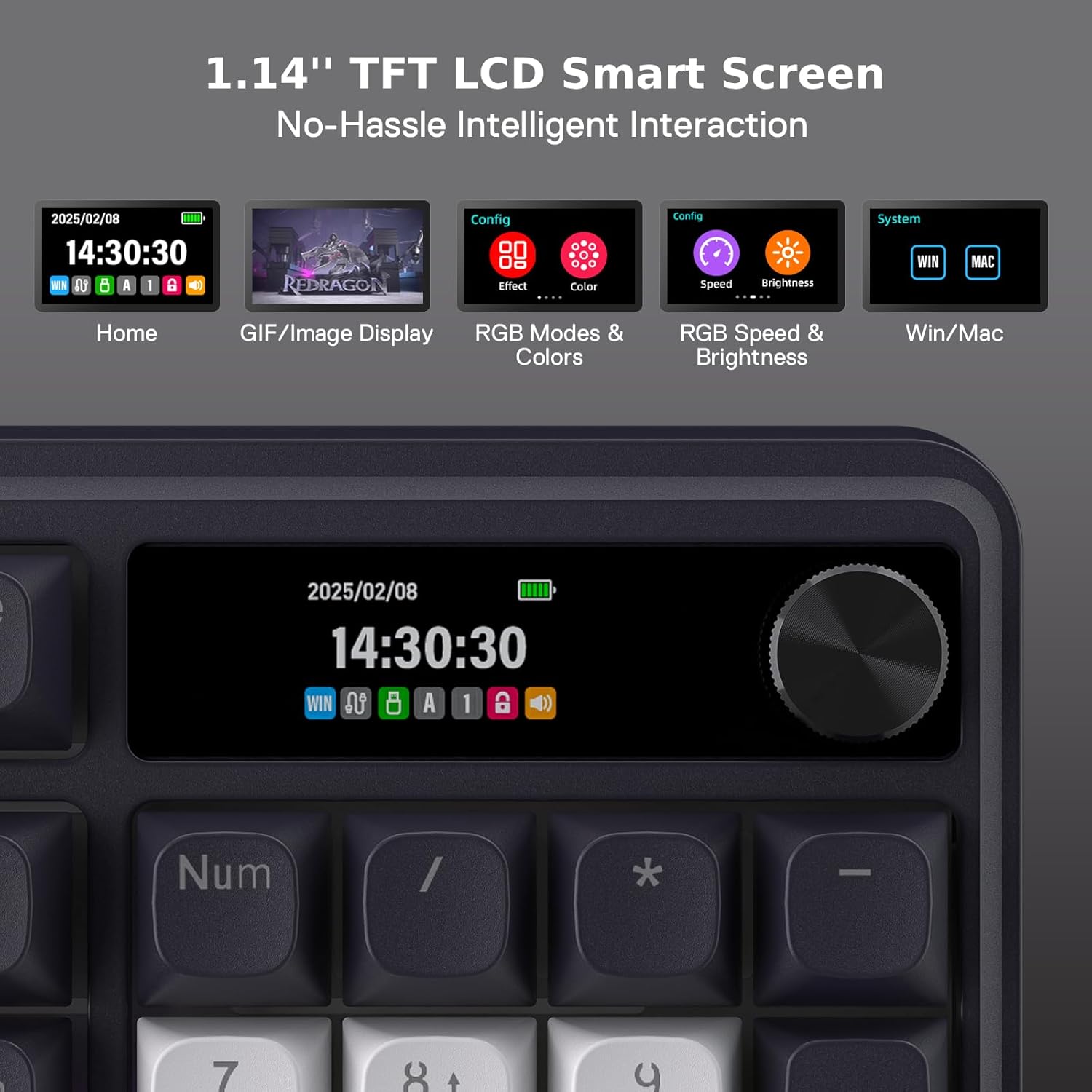 Redragon K762 control knob for screen operation, volume, and brightness