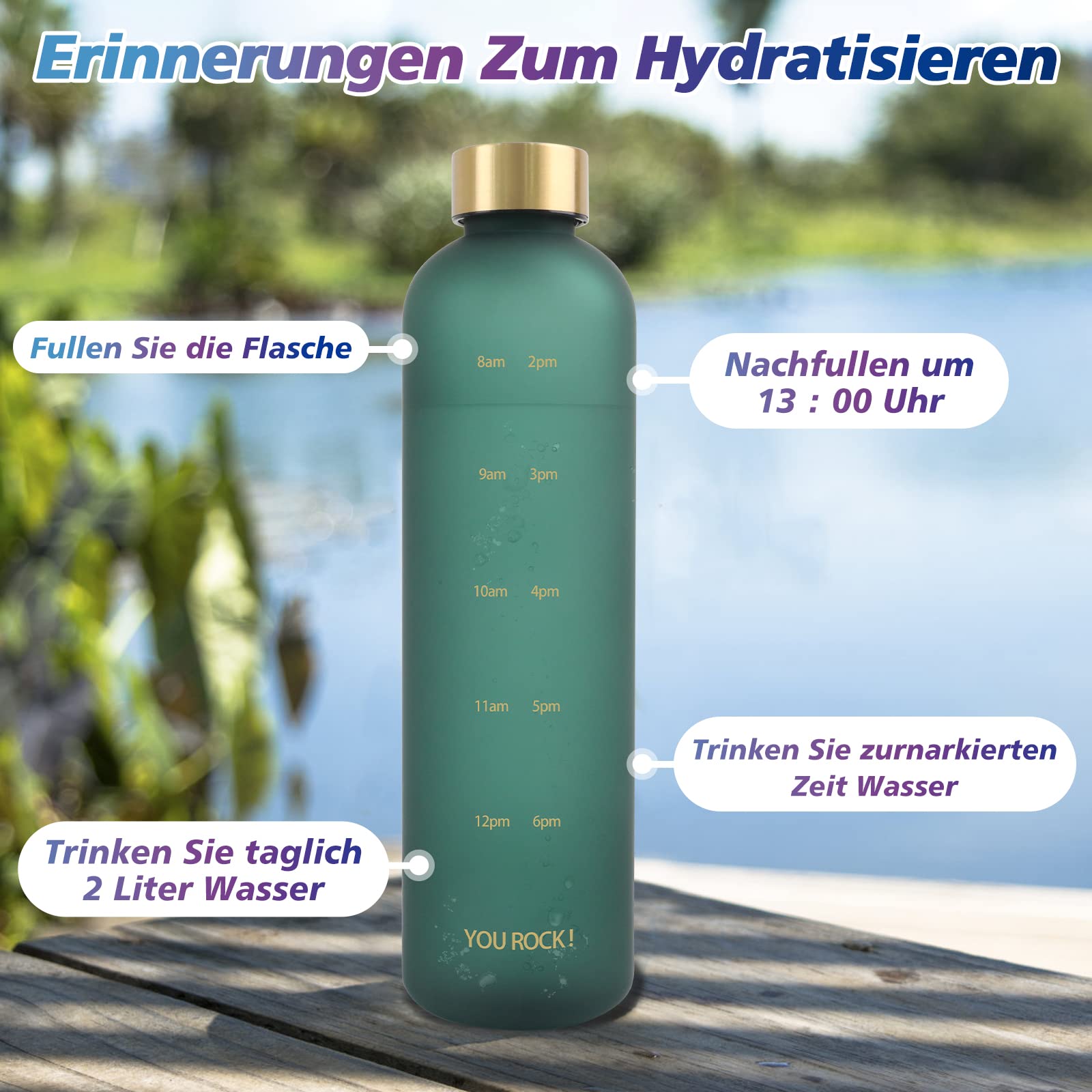 Opard Trinkflasche 800 Ml – BPA-frei, Tritan, Mit Zeitmarkierung, Auslaufsicher, Mattiert