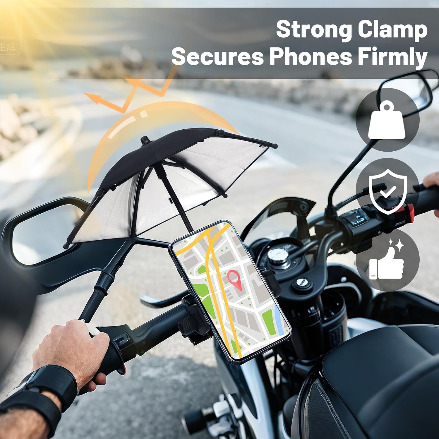Fixed Clip-on Phone Umbrella for Sun with Flexible Adjustable Handle, Mini Strong Clip Cell Phone Umbrellas Sun Shade Anti Sunlight and Glare fits for Universal Smartphones