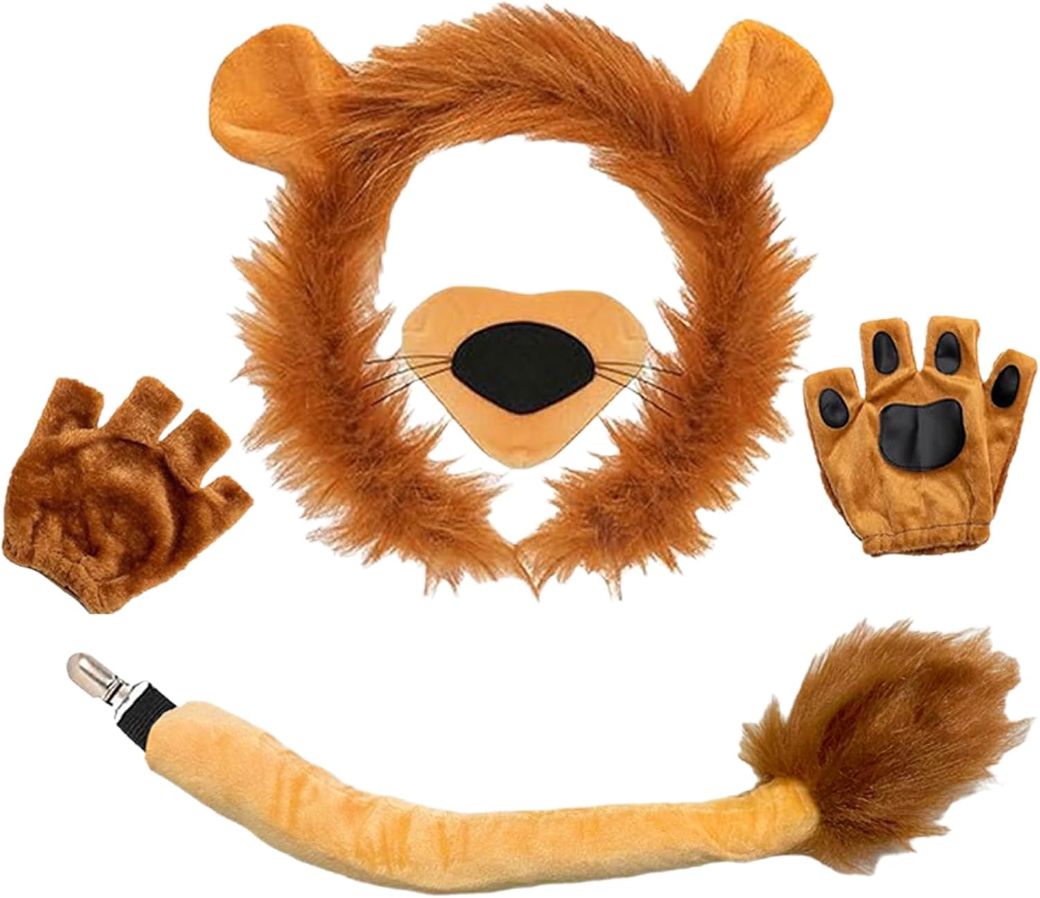 4PCS Lion Costume Accessory Set Headband with Ears Tail Nose Paw Gloves & Bow Tie for Halloween Cosplay and Dress-Up Parties for Adult