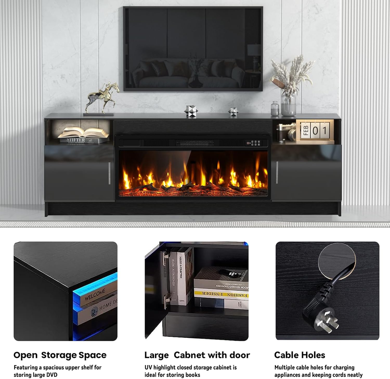 Kucreiheat Black TV Stand with Fireplace, Led Lights-Entertainment Center for Up to 80 inch TV-Modern TV Console for Living Room with Storage Cabinet, Faux Log Fireplace TV Stand