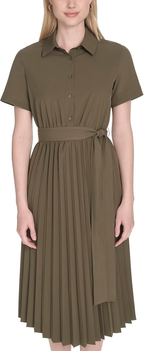 Calvin Klein Women's Short Sleeve Collared Tie Waist Accordion Midi Shirtdress