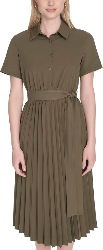 Calvin Klein Womens Short Sleeve Collared Tie Waist Accordion Midi Shirtdress