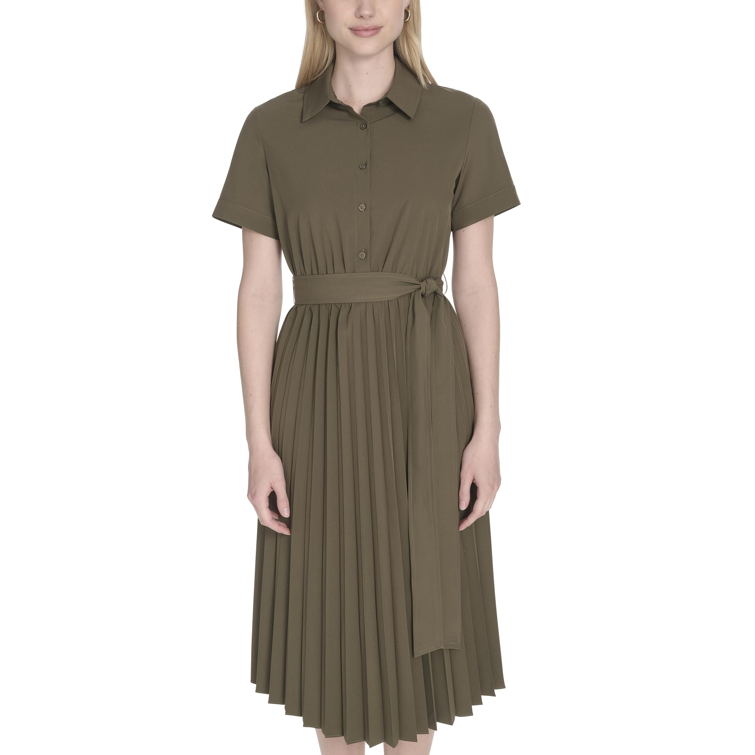 Women's Short Sleeve Collared Tie Waist Accordion Midi Shirtdress