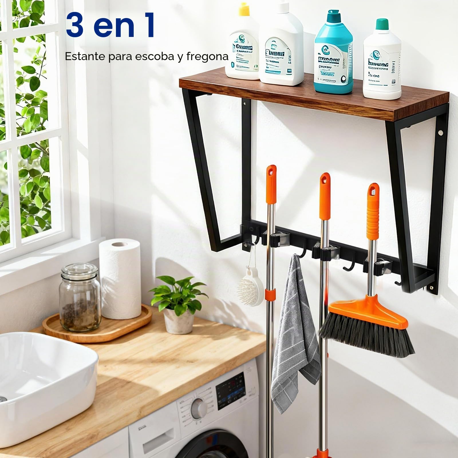 Colgador Escobas y Fregonas con Estantes de Pared con 3 Soporte, 4 Crochets, Organización y Almacenamiento para Cocina, Baño, Garaje y Jardín, Soporte Herramientas de Acero Inoxidable y Madera