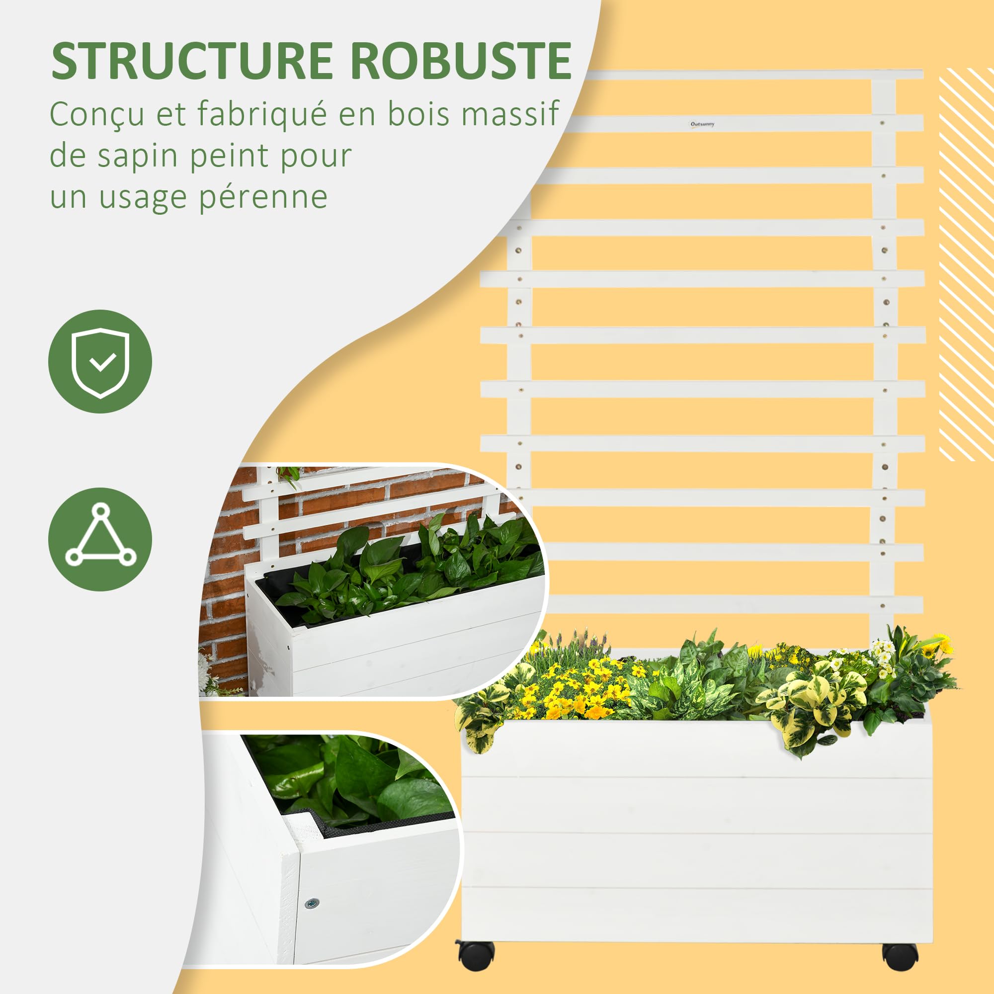 Outsunny Fioriera Rialzata Verticale con 4 Ruote e Traliccio per Piante Rampicanti in Legno di Abete, 76x30x155cm, Bianco