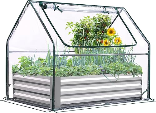 Quictent juego de cama de cultivo elevada de acero galvanizado extragrueso, 4 x 3 x 1 pie, uso dual, con invernadero, con 2 grandes ventanas, con 20