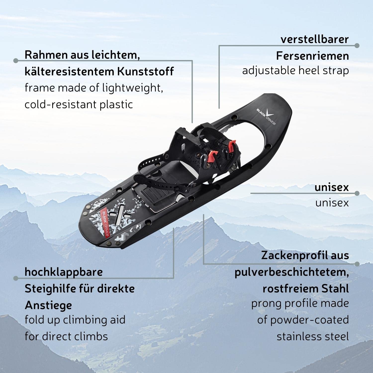 Black Crevice Racchette da neve uomo e donna I racchette da neve per escursioni in plastica leggera I Scarpe da neve per scarpe da 36 a 48 I Due diverse misure per carico