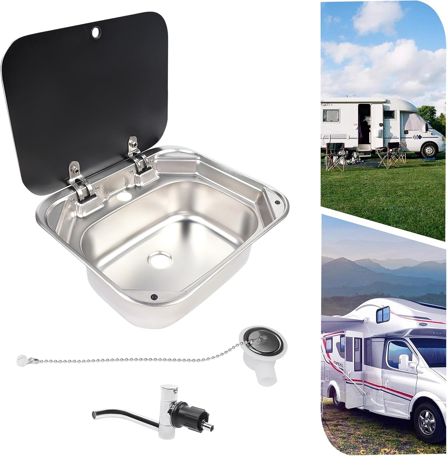 RV Sink w/Lid & Faucet, Outdoor RV Kitchen Single Bowl Sink 16.7x14.7x5.9in RV Caravan or Boat Camper Sink Basin Sink - 304 Stainless Steel