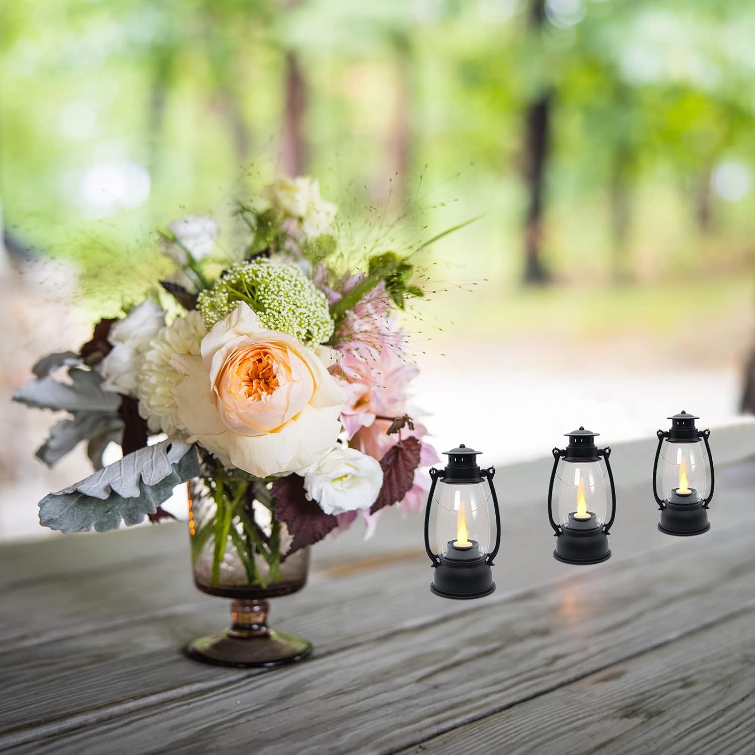 LLQ Mini Decorative Lanterns - 12pcs with Flicker Candles, Hanging Lanterns for Home & Wedding Decor, Table Centerpiece, Battery Included, Black