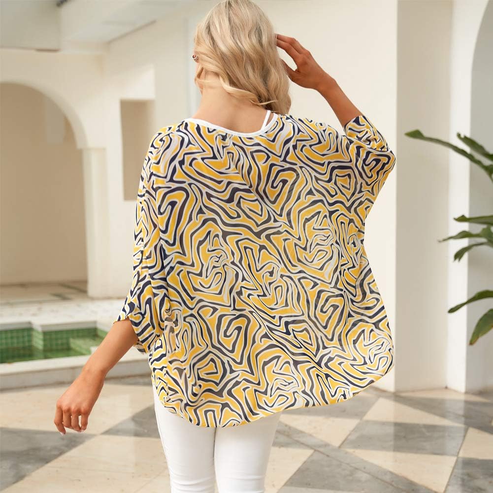 Ckikiou Plus Size Batwing Flowy Semi Sheer Chiffon Blouse Tunic for Women Summer Floral Print Boho Beach Cover ups - Image 4
