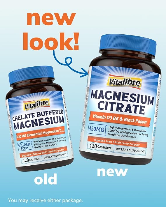 Vitalibre Magnesium Citrate Supplement with Vitamins D3 & B6, 420 mg Elemental citrato de magnesio, Bone Support, Relaxed Brain, Nerves, Enhanced Absorption with Black Pepper, 120 Capsules, Non-GMO