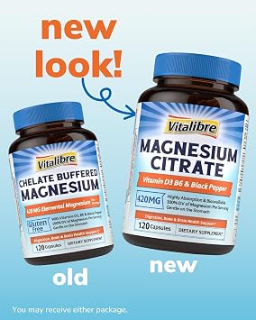 Vitalibre Magnesium Citrate Supplement with Vitamins D3 & B6, 420 mg Elemental citrato de magnesio, Bone Support, Relaxed Brain, Nerves, Enhanced Absorption with Black Pepper, 120 Capsules, Non-GMO