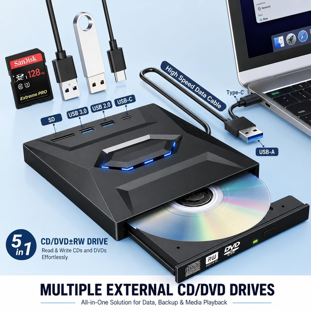 Lector CD Externo y Lector DVD Externo USB 3.0 USB C, Grabadora DVD Externa Portátil con Lector SD TF y 3 Puertos USB, Reproductor DVD para PC Laptop Mac Windows Linux