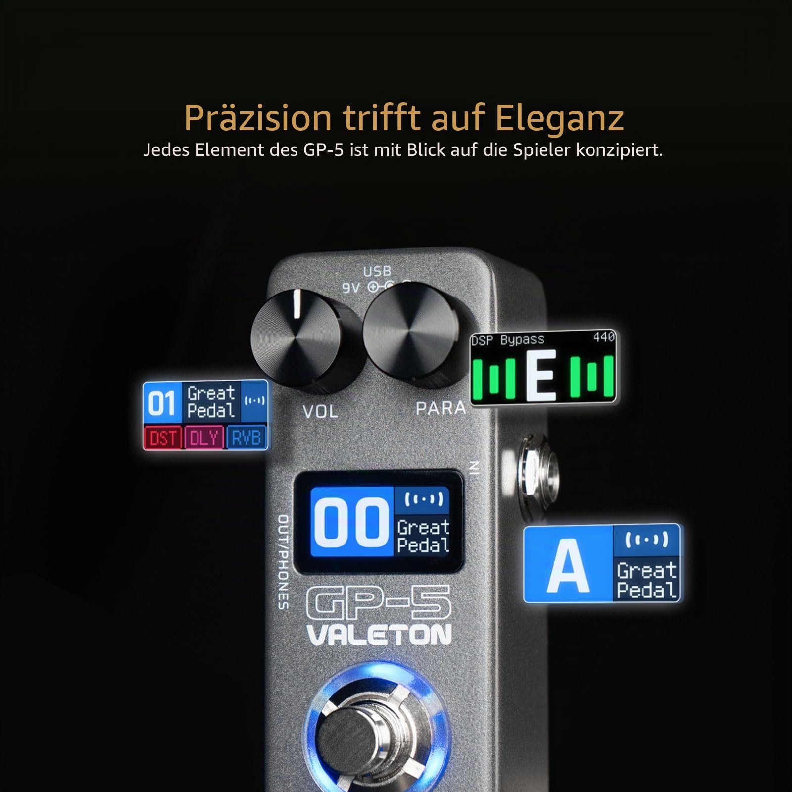 Valeton GP-5 Super kompakter Multi-Effekt-Prozessor und NAM-/IR-Lader-Pedal (inkl. 1 zusätzliches TS-Kabel von Volktone)