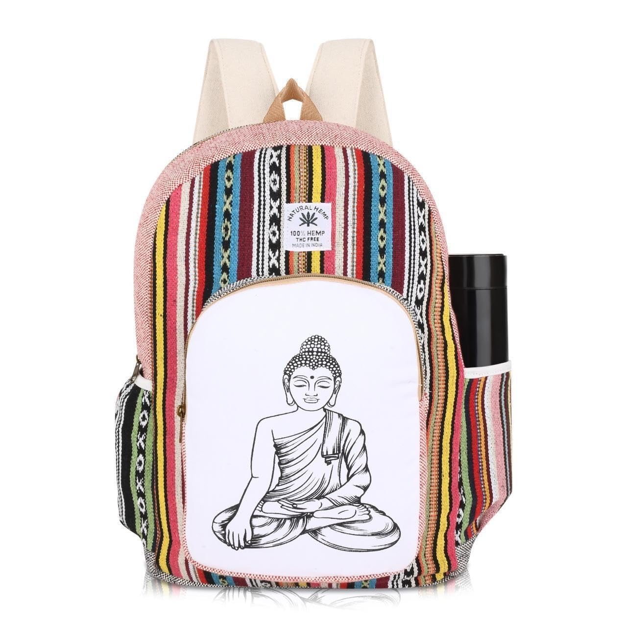Natural Hemp Backpack, 100% Hemp, Buddha Print, Multicolour Striped, Boho Style, Made in India-image-41