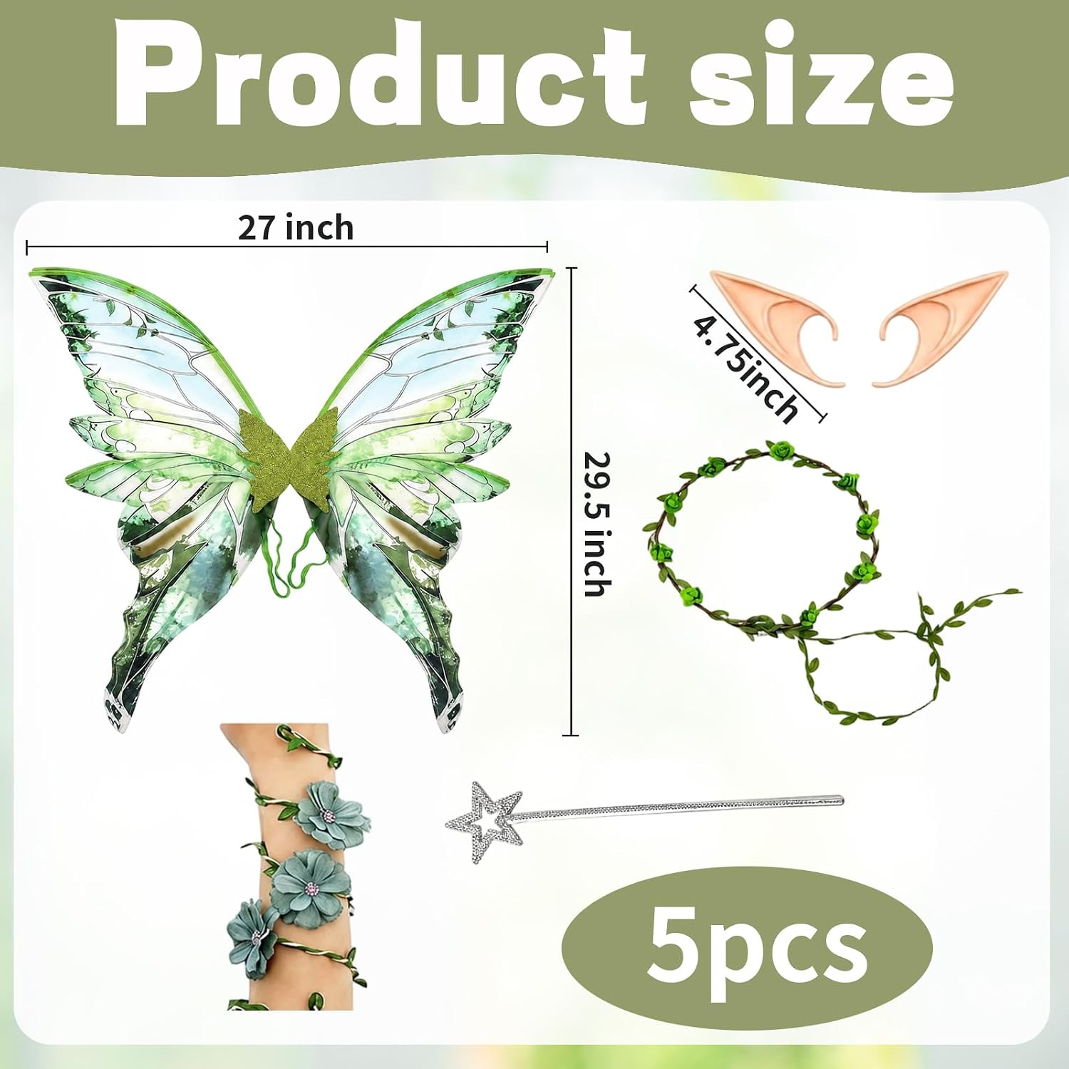 CZFDHP 5PCS Fairy Wings, Green Fairy Wings, Halloween Party Cosplay Adults | Adjustable Butterfly Wings, Green Floral Arm Wraps, Elf Ears, Magic Wand, Renaissance Fair, Halloween Costume