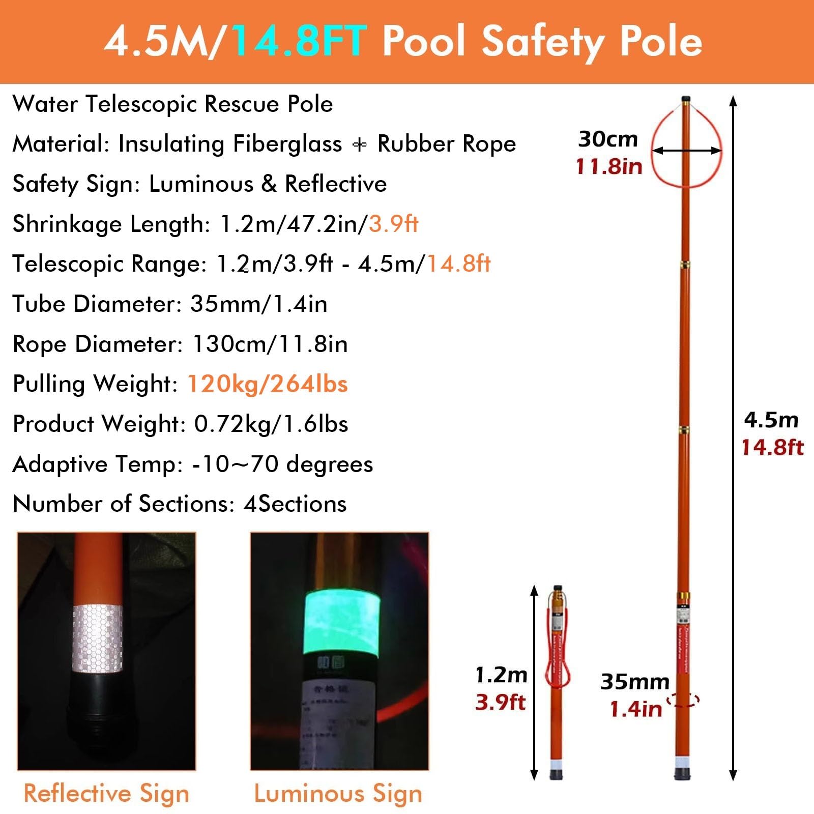 Barra telescópica de rescate para alberca de 15 pies, gancho de seguridad para el agua, barra salvavidas de emergencia, capacidad de carga de 260 libras, ideal para piscinas, adultos y niños