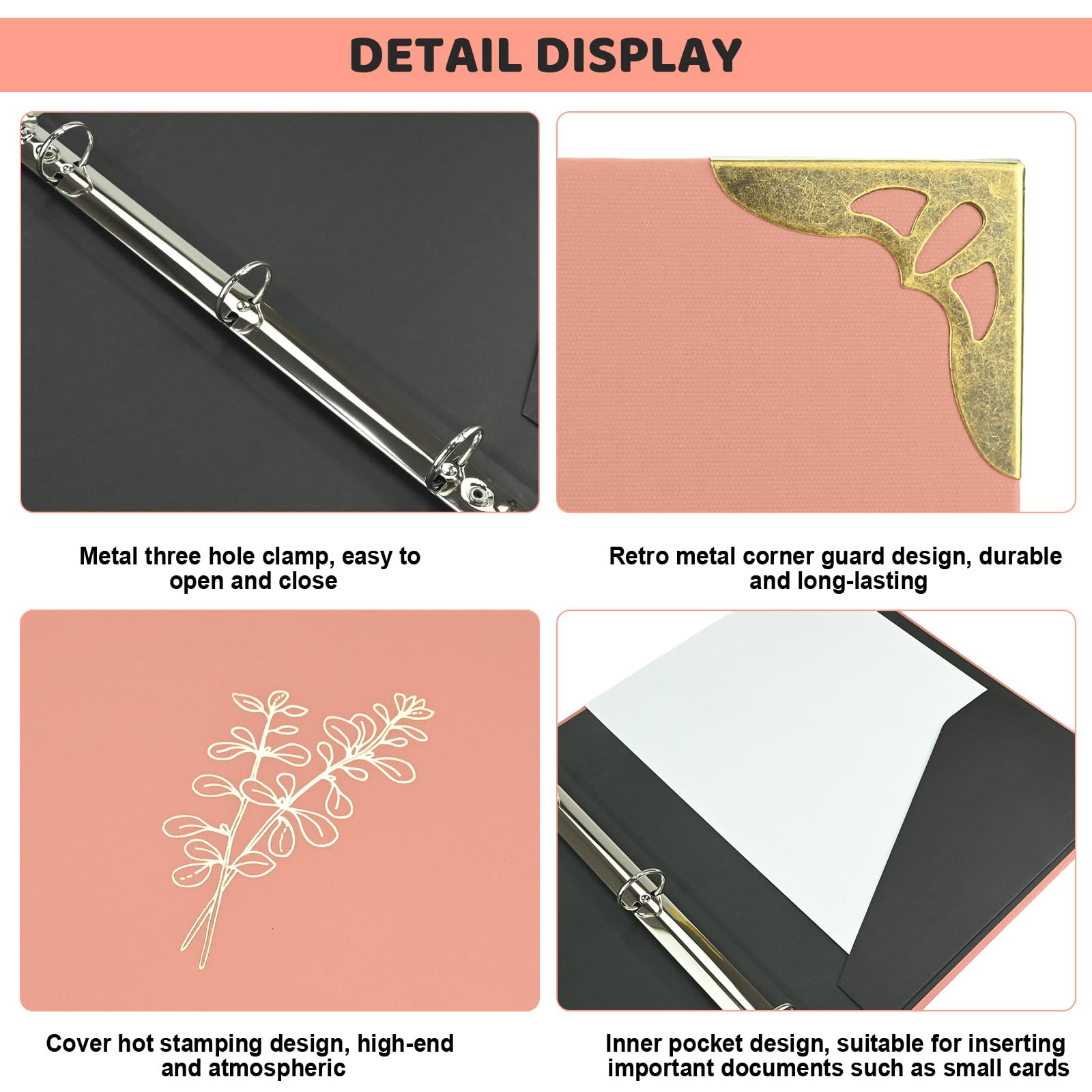 Aesthetic Decorative 3-Ring Binder, Display Folders Presentation Binder with Pocket & Brass Corners, Document Folder with Plastic Sleeves Metal Corners for School Home Office Certificate Cookbook - Image 3