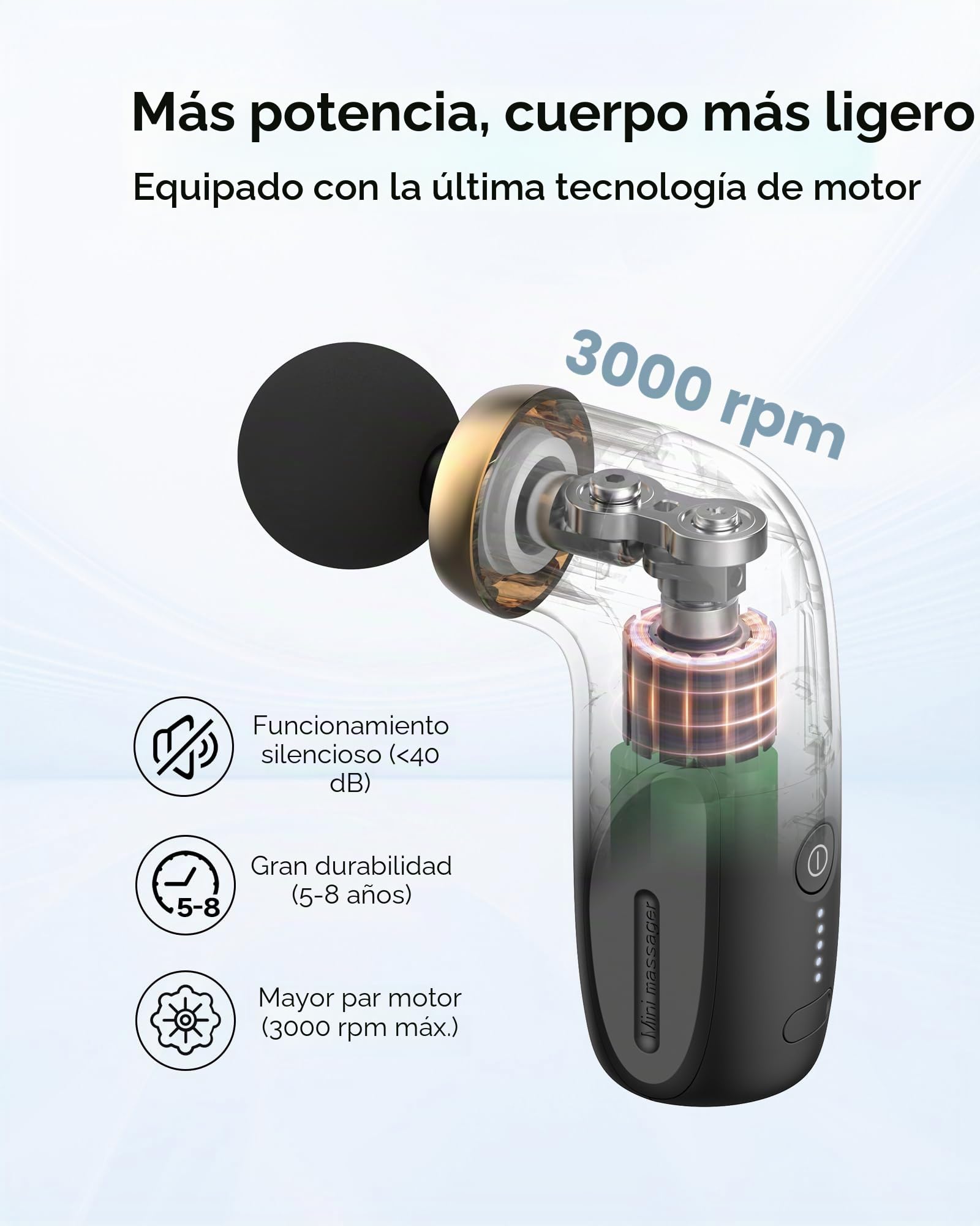 HEYCHY A1 Super Mini - Pistola de masaje (0,27 kg, 4 cabezales de silicona), color negro | Pistola de masaje de tejido profundo con 7 mm de amplitud, hasta 3000 rpm, USB-C y batería, para deportes, oficina y viajes
