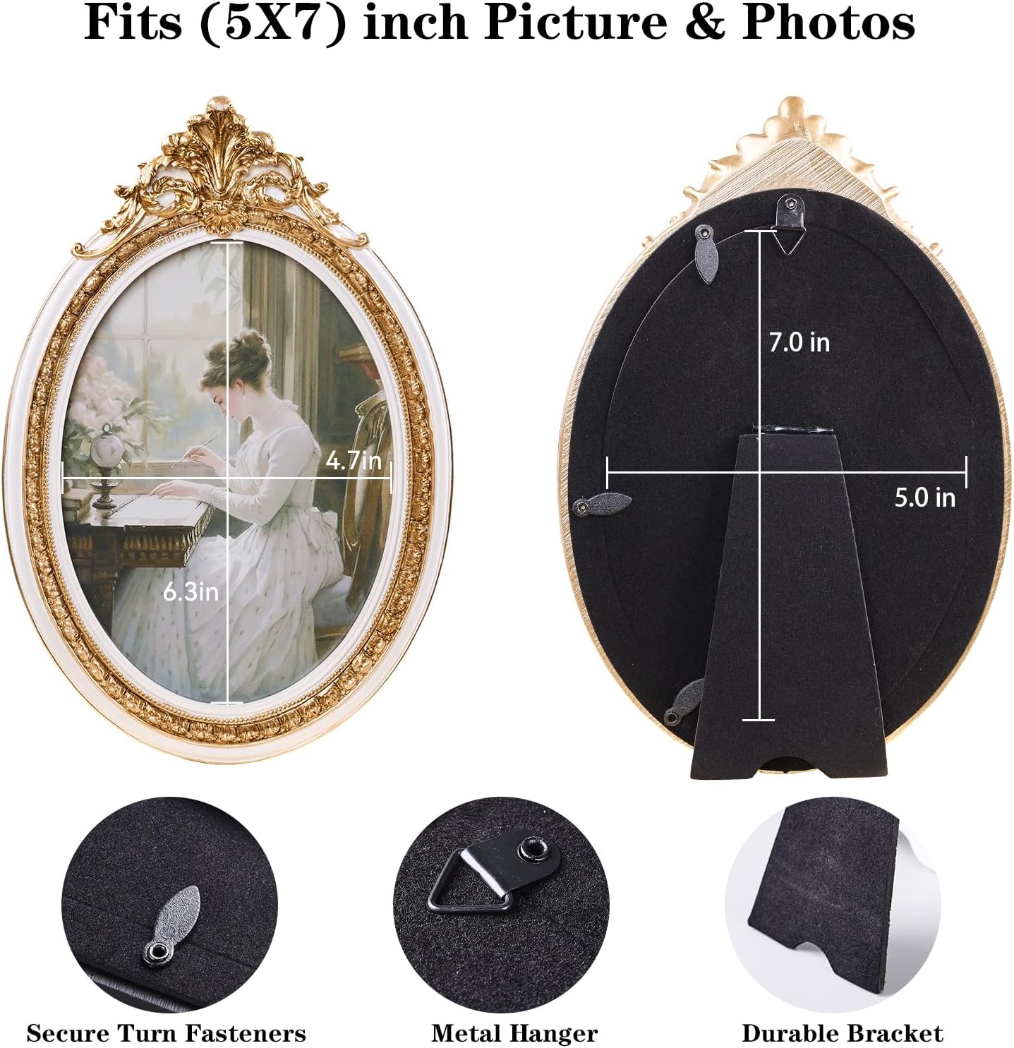 5x7 Picture Frame, Ornate Antique Photo Frame, Hand-Crafted Vintage Resin Oval Table Frame, Hanging Frames with Easel, Hook & Mat, for Table Top & Wall Gallery (White Gold)