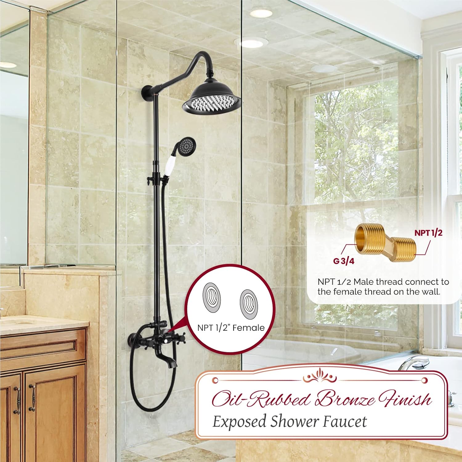Gotonovo Oil Rubbed Bronze Shower Faucet Fixture - 8 Rain Shower, Double Knobs, Triple Function Tub Spout Combo Unit Set - 12 Inch Extension Included