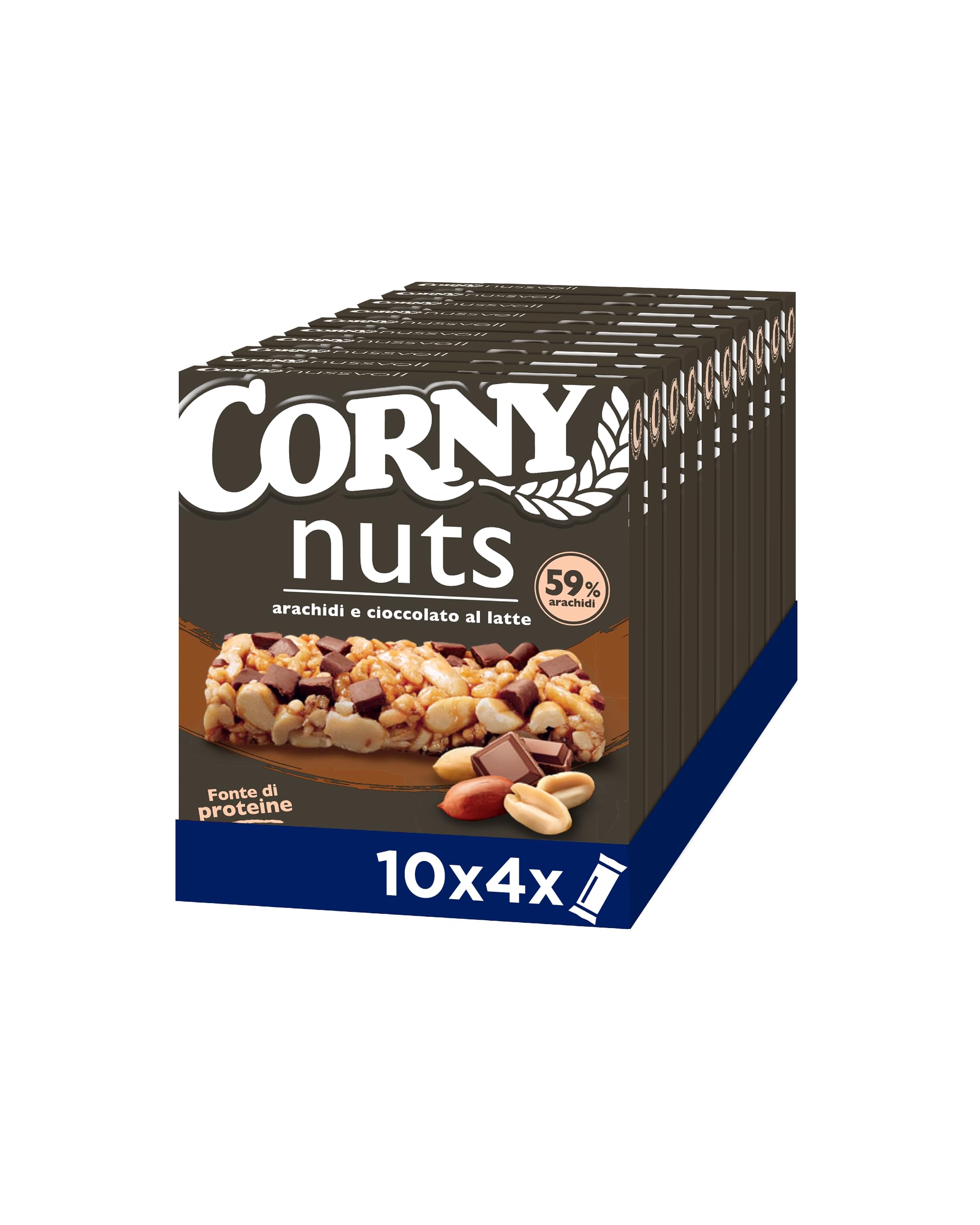 Corny Nuts Barrette Arachidi e Cioccolato al Latte, Senza Olio di Palma, Fonte di Fibre, 4 Barrette da 24g, Confezione da 10 Scatole
