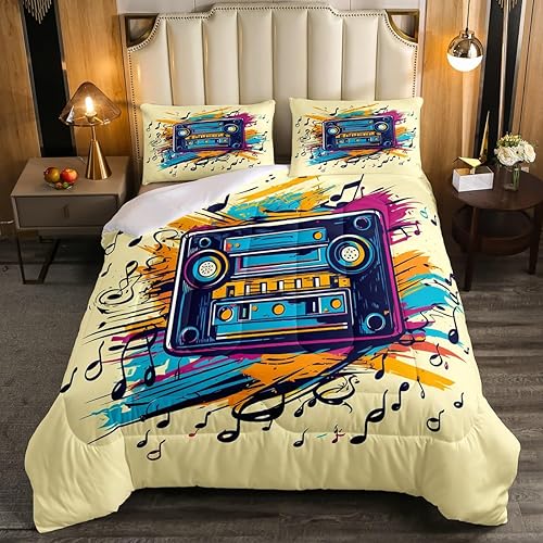 Miniatura 17 de Juego de edredón de grabación de audio vintage de los años 80, estilo retro, cintas de radio, cassette, juego de edredón de cama tamaño Queen, para