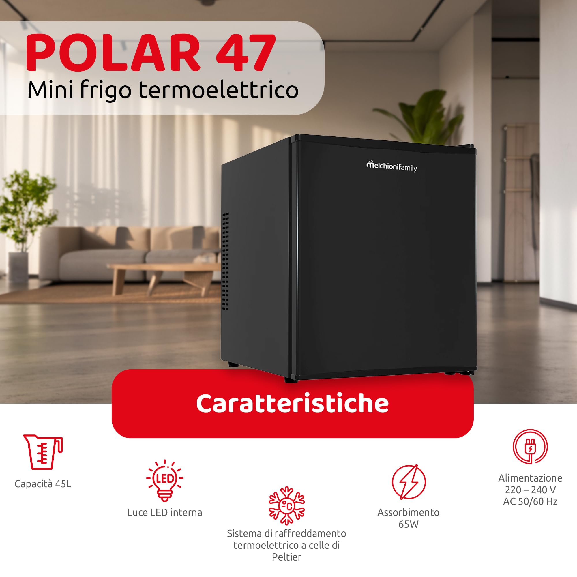 Melchioni Family | Nevera Pequeña Capacidad Total de 47 Litros, Minibar Termoeléctrico con Luz LED, Clase E, Modelo Polar 47, Color Negro