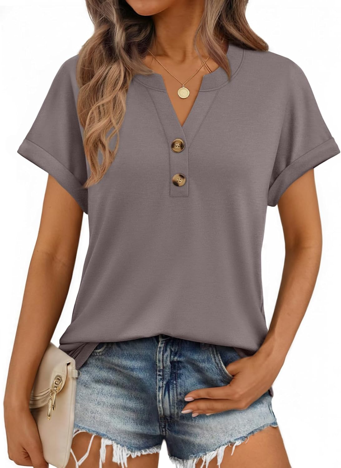 AUTOMET Womens Spring Tops 2026 Short Sleeve Shirts Henley Dressy Casual Blouses V Neck Fashion Tunics Trendy Flowy Clothing