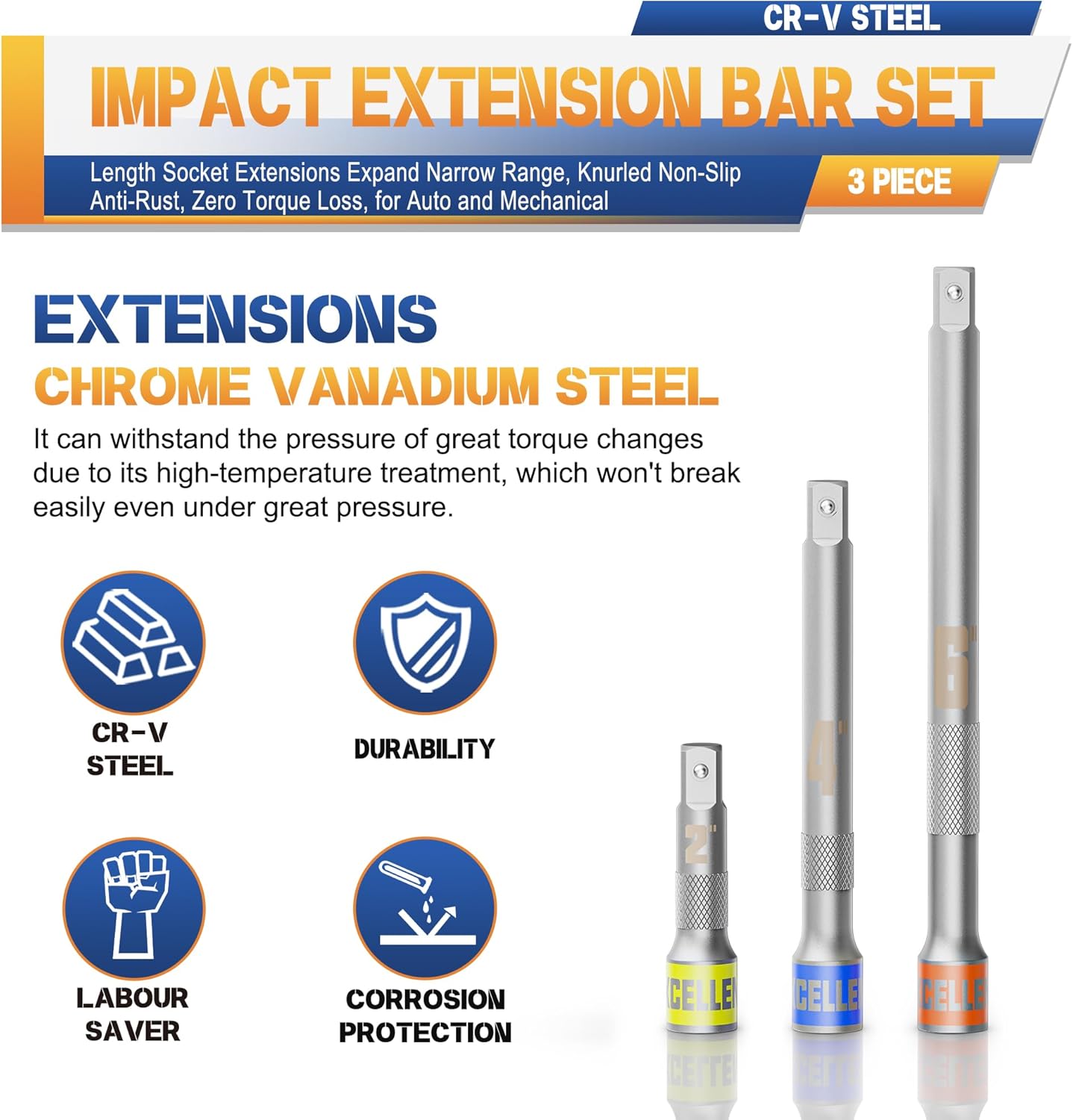 3 Piece 1/4" Drive Impact Extension Bar Set, 2" 4" 6" Length Socket Extensions Expand Narrow Range, Premium Cr-V Steel, Knurled Non-Slip, Anti-Rust, Zero Torque Loss, for Auto and Mechanical
