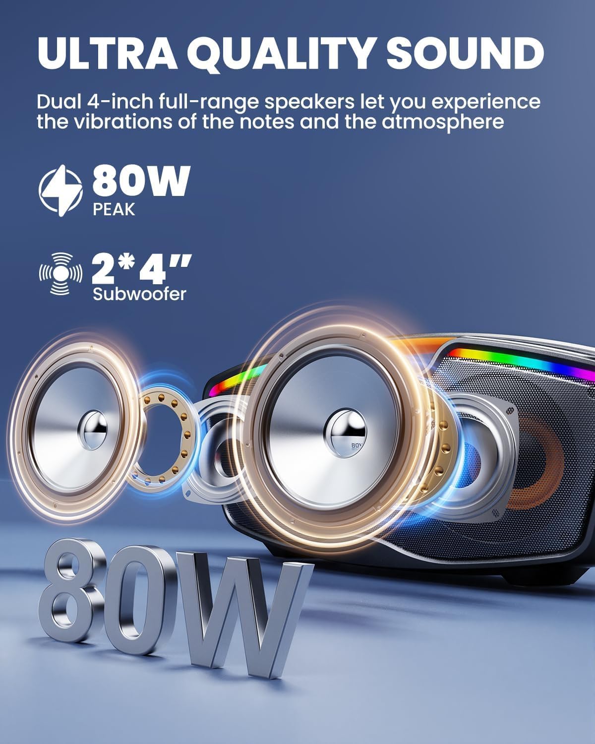 Bluetooth Karaoke Machine for Adults & Kids, 80W Portable Speaker with 2 Wireless Microphones, Echo Adjustment, Support USB/AUX/TF Card, for Outdoor/Indoor Gathering Gifts - Image 2