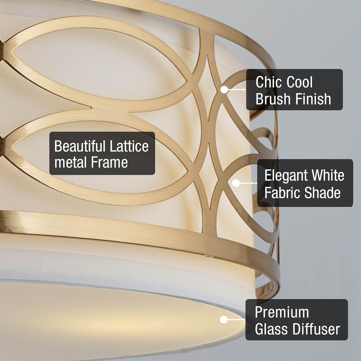 Kira Home Sienna 15" 3-Light Semi Flush Mount Ceiling Light, White Fabric Shade + Glass Diffuser, Cool Brass Finish