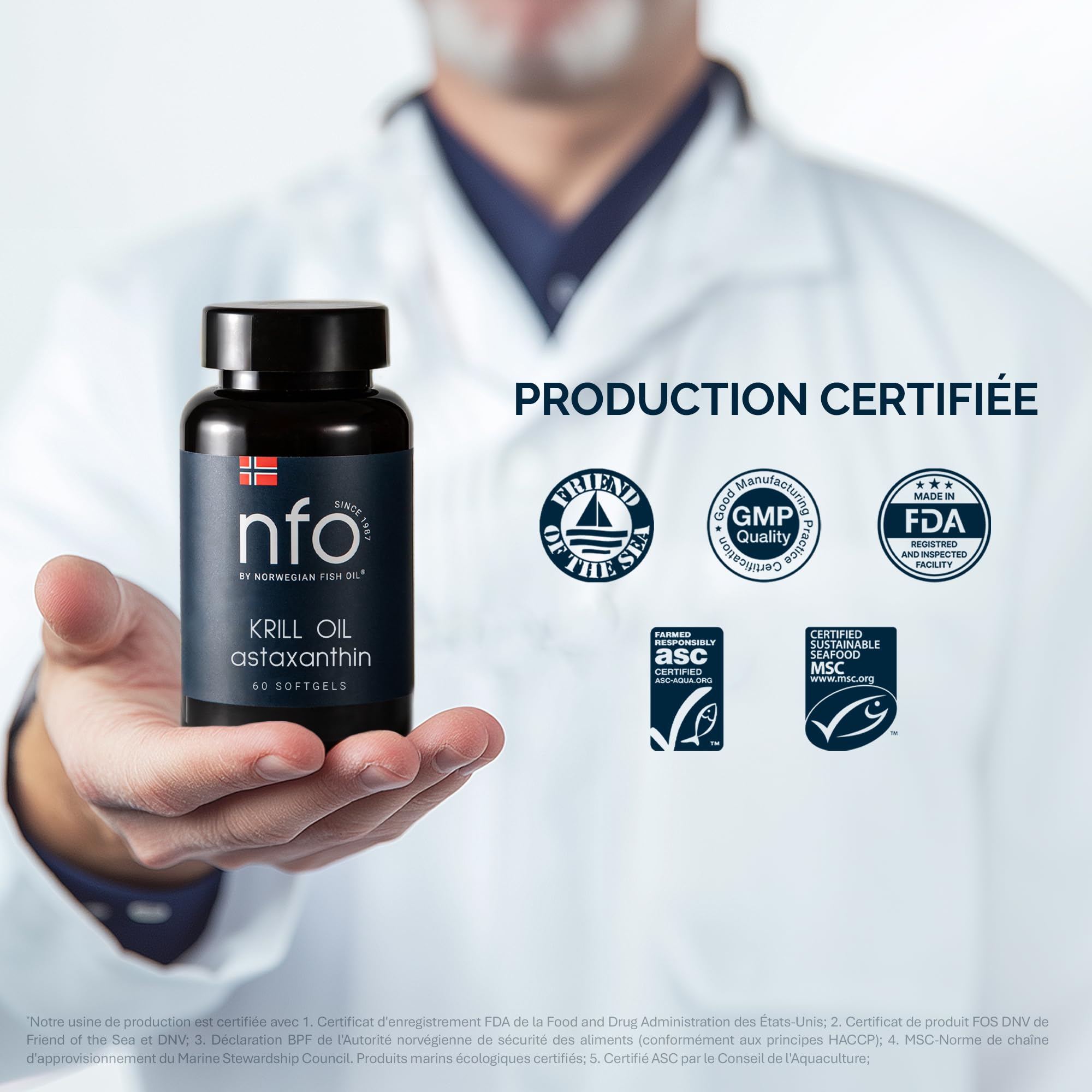 NFO OMEGA 3 KRILL OIL Astaxanthin [60 Gélules] Huile de krill de l'Antarctique avec huile de poisson de Norvège, Oméga 3 EPA & DHA, phospholipides et astaxanthine, En gélatine de peau de poisson