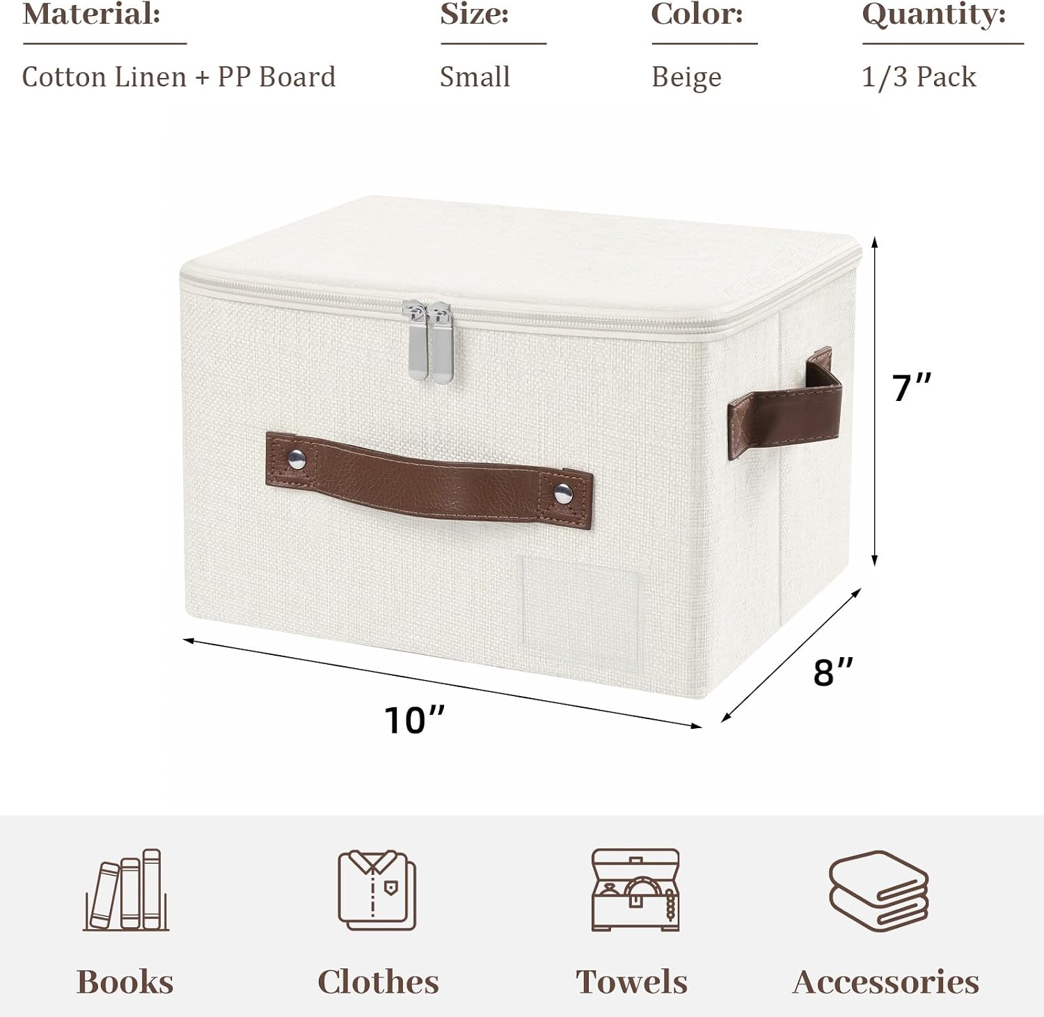 Lucky Monet 1PCS Storage Bins with Zipper Lids 10"x8"x7" Foldable Lidded Fabric Storage Boxes Baskets Cotton Linen Closet Shelf Clothes Organizer Container with Handles & Label Pocket (Beige, Small)